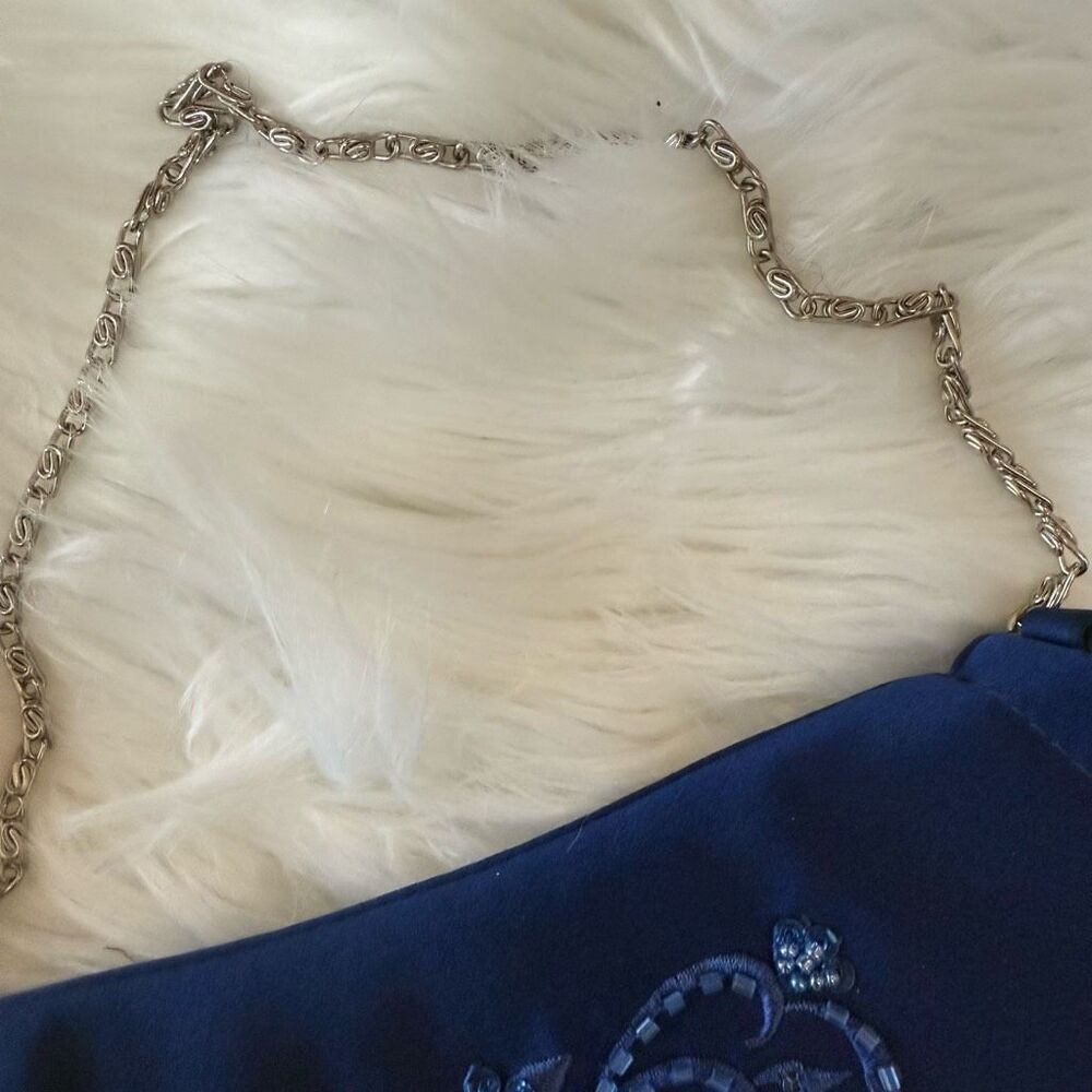 Vintage Blue Floral Beaded Square Handbag Shoulder Bag Purse Chain Y2K - Picture 3 of 8